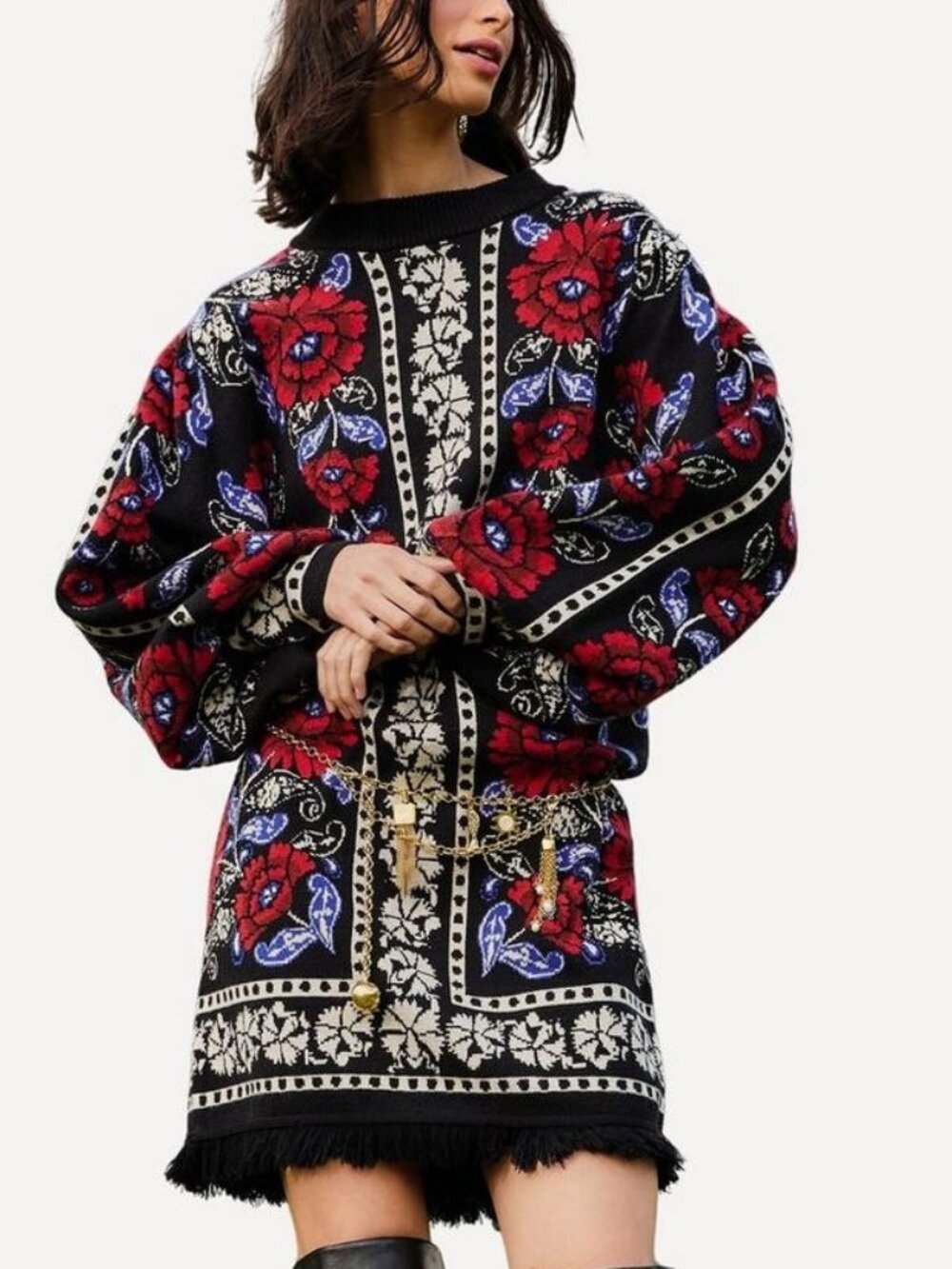 FARM Rio Black Mixed Valentina V-Neck Knit Dress Puff Sleeves Size XXS